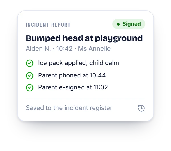 HiDay incident report showing a bumped head, first aid given and the parent’s e-signature