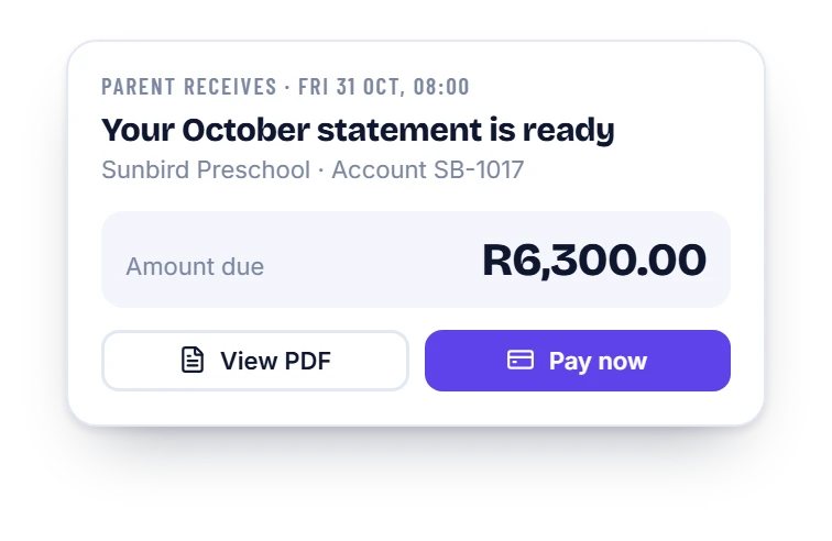 The email a parent receives: Your statement is ready, with View PDF and Pay now