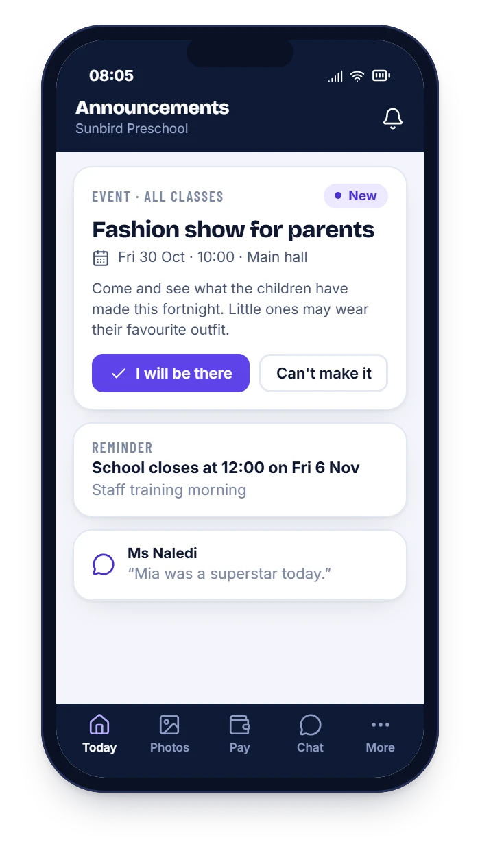 HiDay parent announcements: an event invitation with RSVP buttons and a school closing reminder