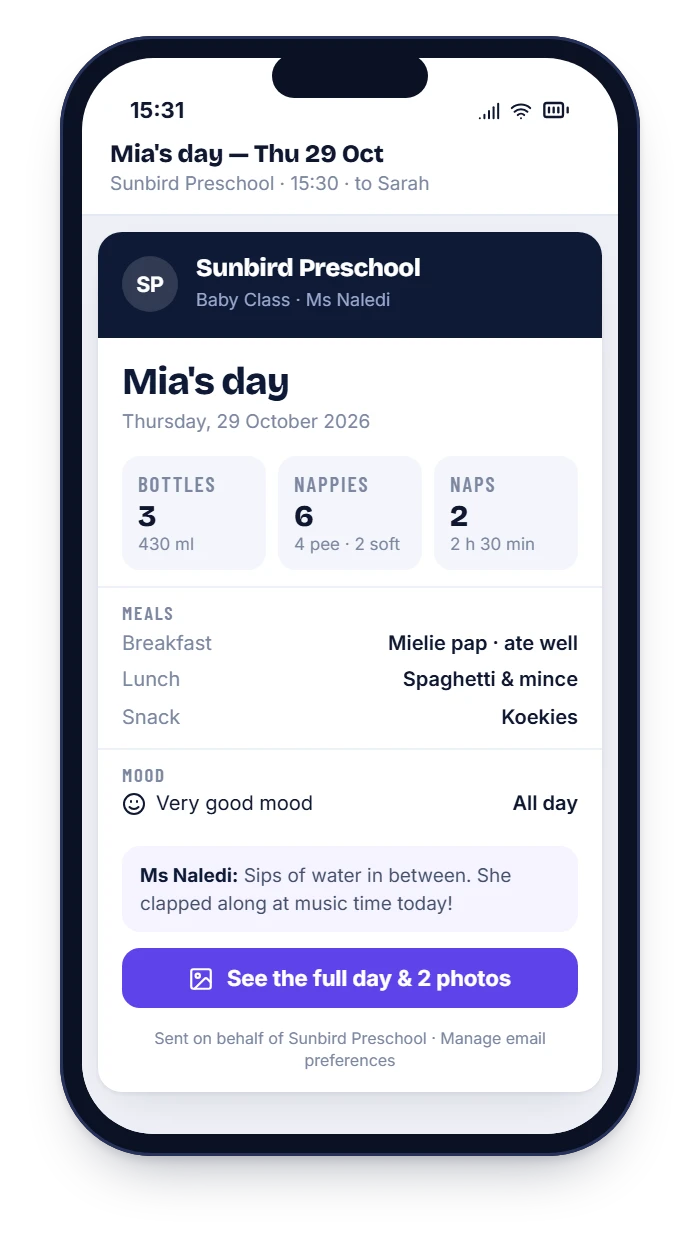 HiDay daily report email on a phone showing bottles, nappies, naps, meals and mood