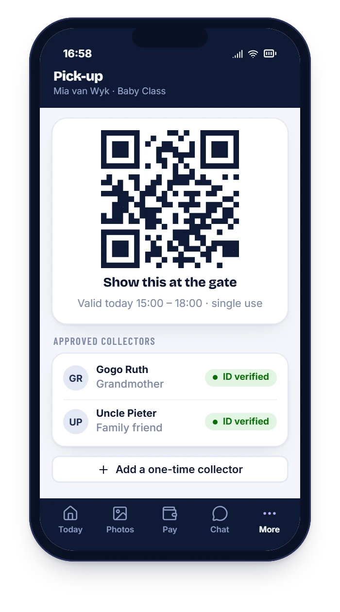 HiDay parent pick-up pass: a QR code valid today, with approved collectors who are ID verified
