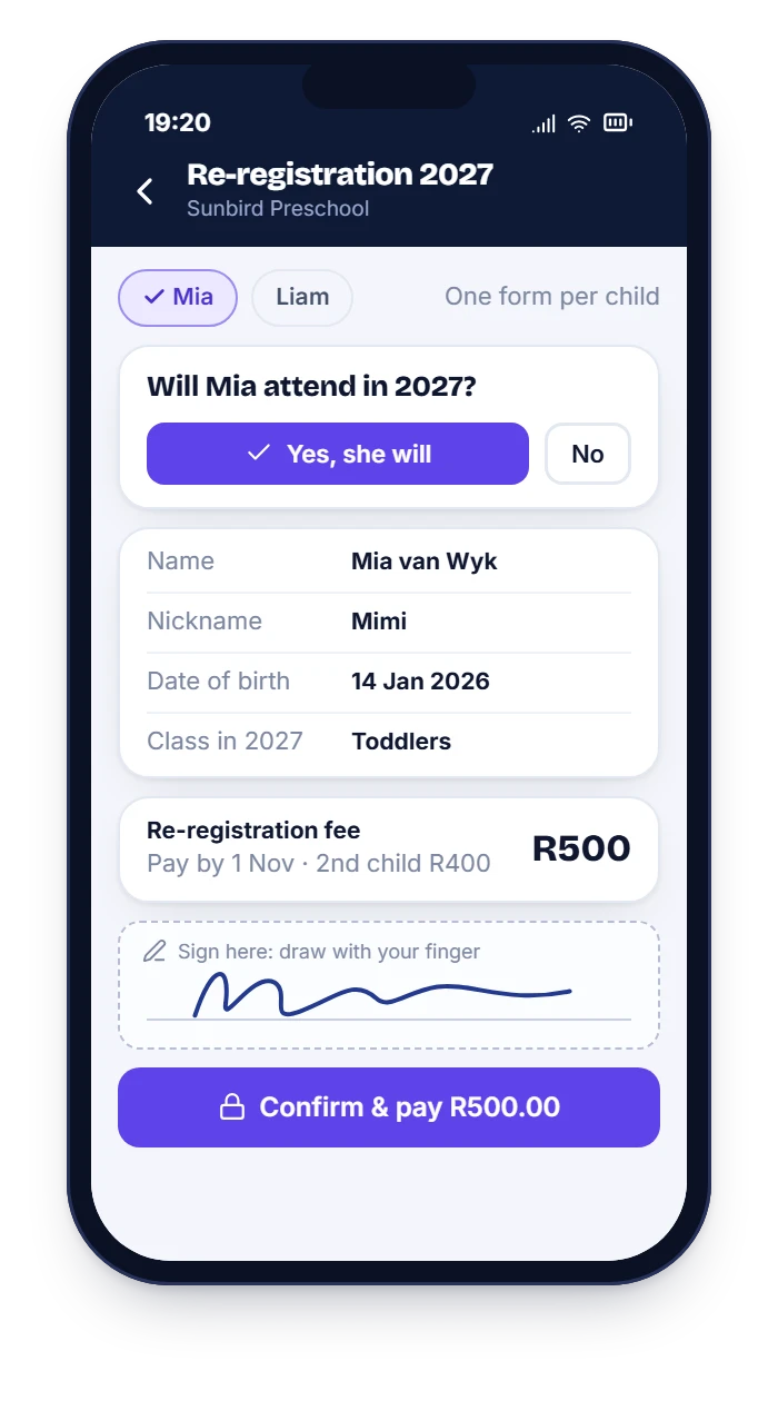 HiDay re-registration form on a phone with attend or not attend choice and signature box